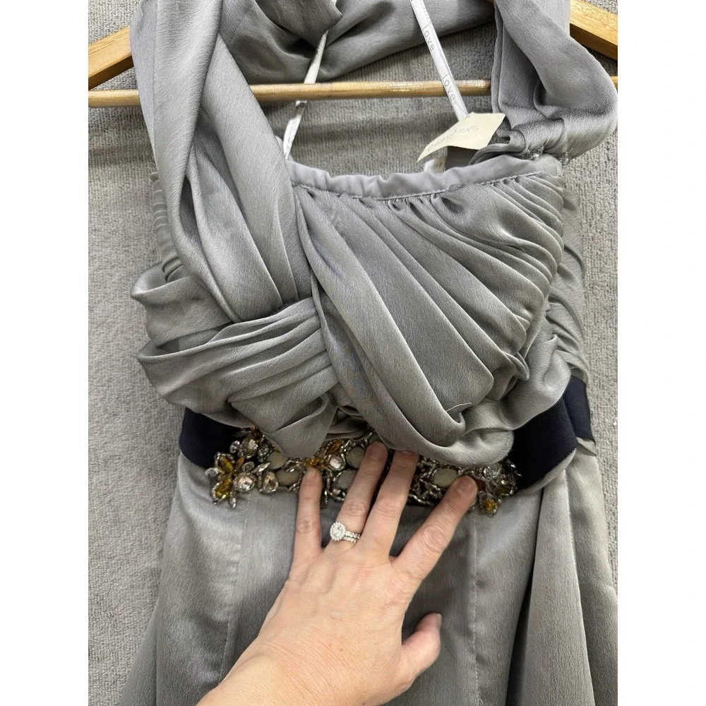 Silver Beaded Gown Sz‎ 6 Y2K Ruched Bodice Evening Dress Formal Glam - Picture 4 of 16